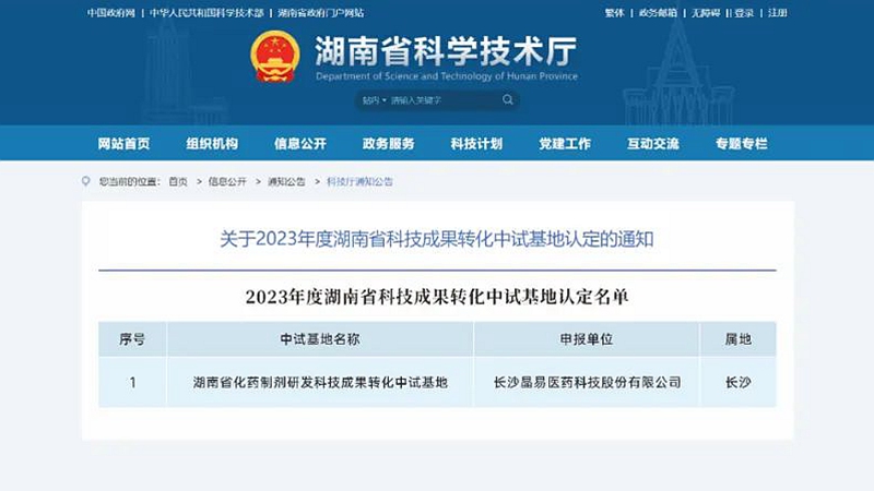 晶易醫藥獲“湖南省科技成果轉化中試基地”認定！
