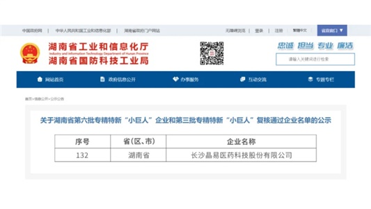 晶易醫藥成功通過(guò)第三批國家級專(zhuān)精特新“小巨人”復核
